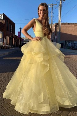 A-Line Long Yellow V-Neck Prom Dresses Formal Evening Gowns 601994