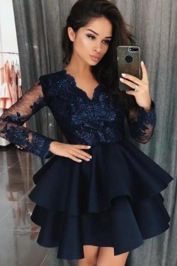 Long Sleeves Lace Short Prom Dress Homecoming Dresses Graduation Party Dresses 701011