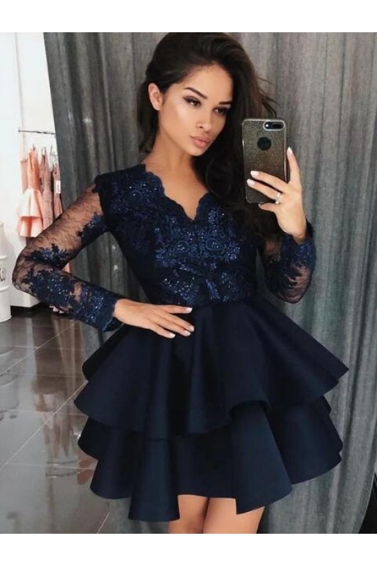 Long Sleeves Lace Short Prom Dress Homecoming Dresses Graduation Party Dresses 701011