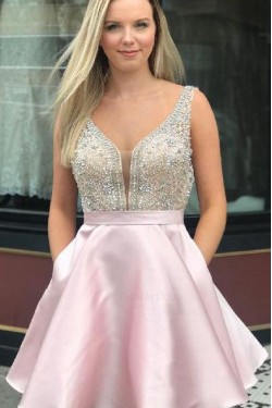 Short Pink Beaded Prom Dress Homecoming Dresses Graduation Party Dresses 701015