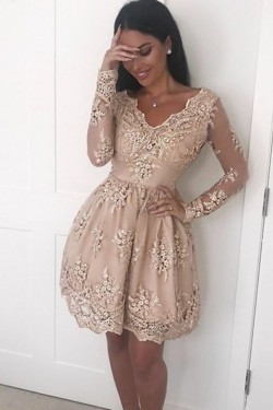 Short Prom Dress Long Sleeves Lace Homecoming Dresses Graduation Party Dresses 701070