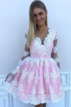 Short Prom Dress Long Sleeves Lace Homecoming Dresses Graduation Party Dresses 701075