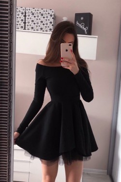 Short Black Prom Dress Long Sleeves Homecoming Dresses Graduation Party Dresses 701084