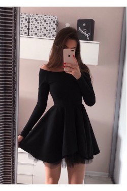 Short Black Prom Dress Long Sleeves Homecoming Dresses Graduation Party Dresses 701084