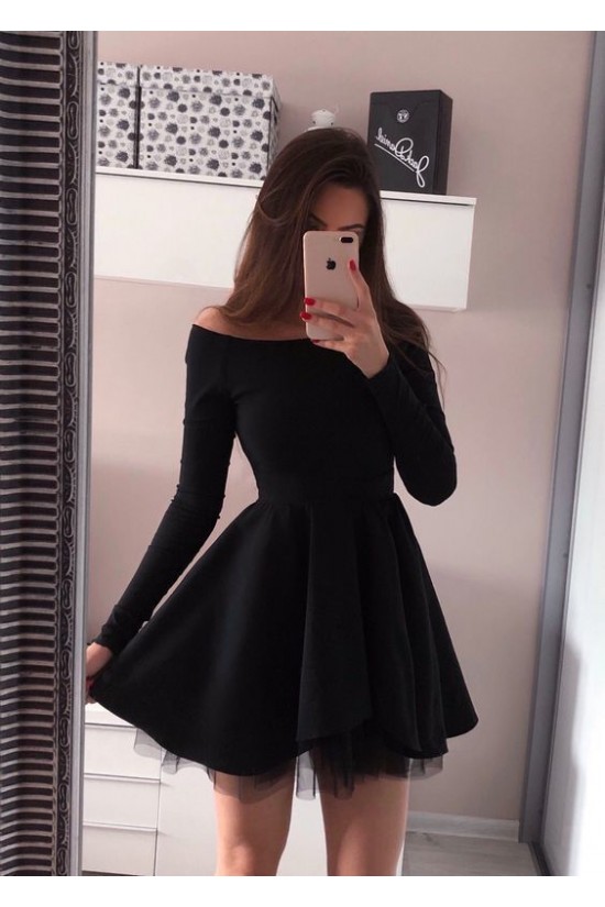 Short Black Prom Dress Long Sleeves Homecoming Dresses Graduation Party Dresses 701084