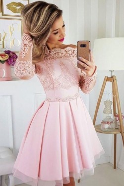 Short Prom Dress Long Sleeves Lace Homecoming Graduation Cocktail Dresses 701143