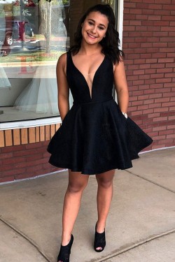 Short Black Satin Prom Dress Homecoming Graduation Cocktail Dresses 701144