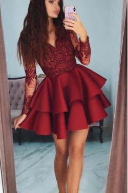 Short Prom Dress Long Sleeves Lace Homecoming Graduation Cocktail Dresses 701160
