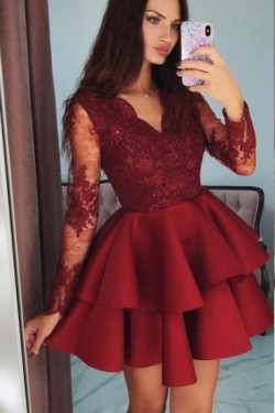 Short Prom Dress Long Sleeves Lace Homecoming Graduation Cocktail Dresses 701160
