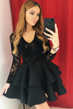 Short Black Prom Dress Long Sleeves Lace Homecoming Graduation Cocktail Dresses 701163