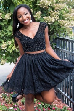 Short Black Lace Prom Dress Homecoming Graduation Cocktail Dresses 701206