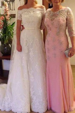 Long Pink Beaded Lace Mermaid Mother of the Bride Dresses 702009