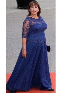 A-Line Beaded Lace Tulle Plus Size Mother of the Bride Dresses 702028