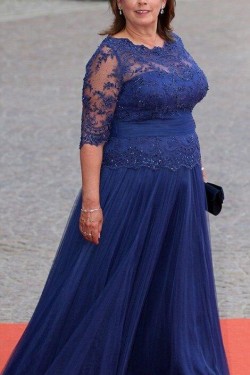 A-Line Beaded Lace Tulle Plus Size Mother of the Bride Dresses 702028