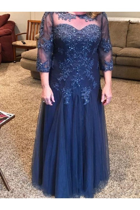 Lace 3/4 Length Sleeves Navy Blue Mother of the Bride Dresses 702038