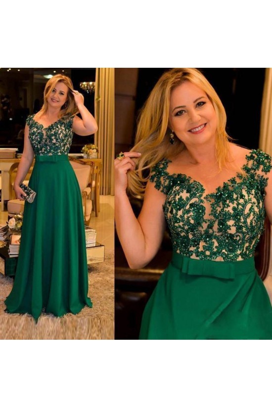 A-Line Beaded Lace Long Green Mother of the Bride Dresses 702063