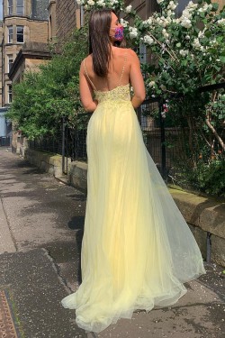 Long Yellow Lace and Tulle Prom Dress Formal Evening Gowns with Beads 901001