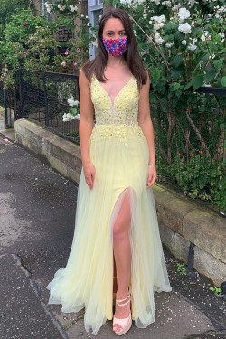 Long Yellow Lace and Tulle Prom Dress Formal Evening Gowns with Beads 901001