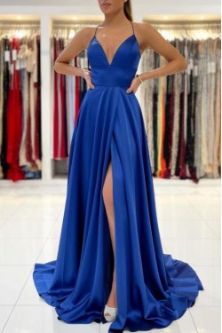 A-Line V Neck Long Prom Dresses Formal Evening Gowns with Slit 901002