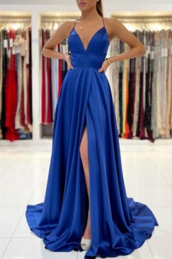 A-Line V Neck Long Prom Dresses Formal Evening Gowns with Slit 901002