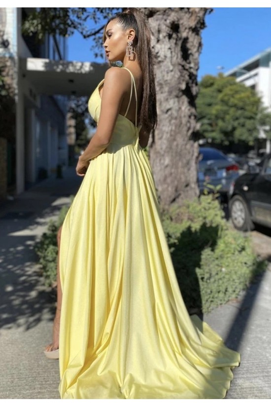 A-Line V Neck Long Yellow Prom Dresses Formal Evening Gowns with Slit 901003 A-Line V Neck Long Yellow Prom Dresses Formal Evening Gowns with Slit 901003