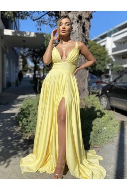 A-Line V Neck Long Yellow Prom Dresses Formal Evening Gowns with Slit 901003