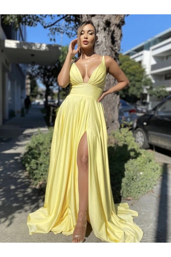 A-Line V Neck Long Yellow Prom Dresses Formal Evening Gowns with Slit 901003 A-Line V Neck Long Yellow Prom Dresses Formal Evening Gowns with Slit 901003