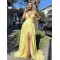 A-Line V Neck Long Yellow Prom Dresses Formal Evening Gowns with Slit 901003