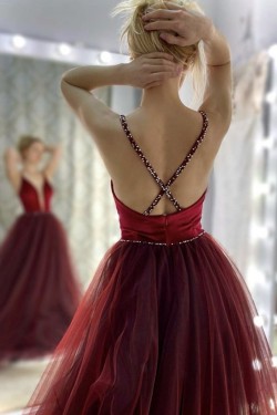 Burgundy Tulle Long Prom Dresses Formal Evening Gowns 901005