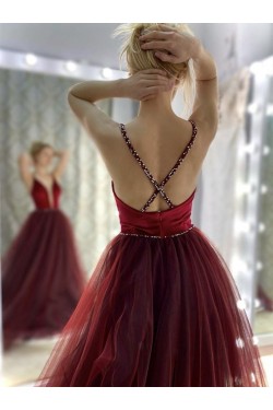 Burgundy Tulle Long Prom Dresses Formal Evening Gowns 901005