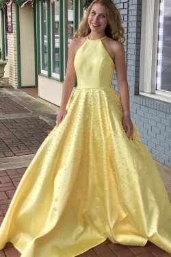 Long Yellow Satin Prom Dresses Formal Evening Gowns with Beads 901006