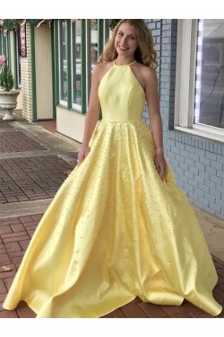 Long Yellow Satin Prom Dresses Formal Evening Gowns with Beads 901006