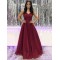 Long Burgundy V Neck Sparkle Tulle Prom Dress Formal Evening Gowns 901007