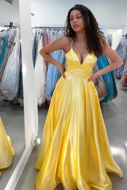 Long Yellow V Neck Satin Prom Dresses Formal Evening Gowns 901008