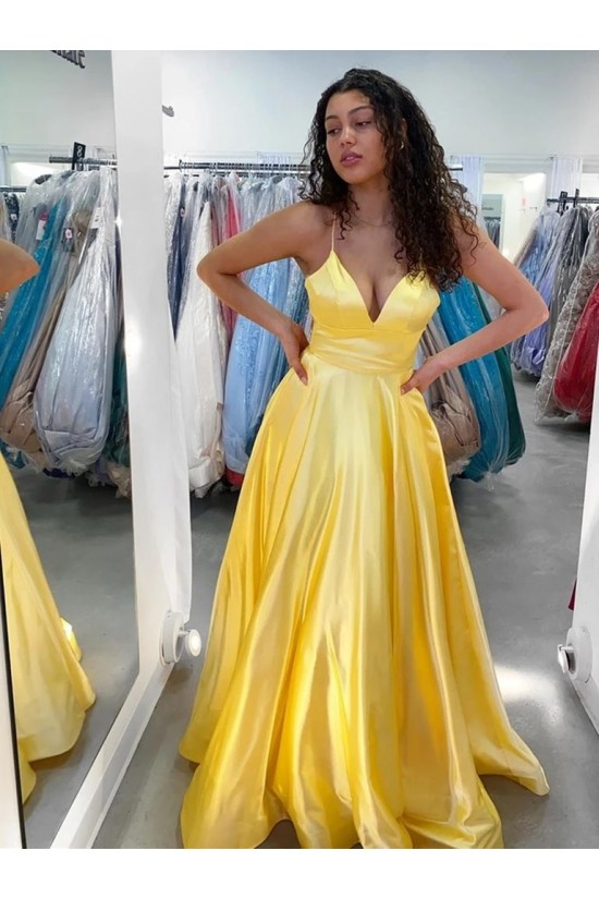 Long Yellow V Neck Satin Prom Dresses Formal Evening Gowns 901008 Long Yellow V Neck Satin Prom Dresses Formal Evening Gowns 901008