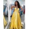 Long Yellow V Neck Satin Prom Dresses Formal Evening Gowns 901008