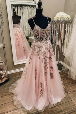 A-Line Long Pink Prom Dresses Formal Evening Gowns with Lace Appliques 901011
