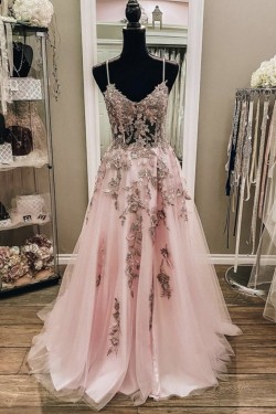 A-Line Long Pink Prom Dresses Formal Evening Gowns with Lace Appliques 901011