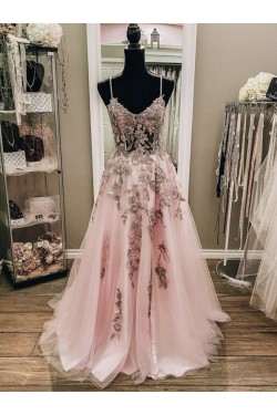 A-Line Long Pink Prom Dresses Formal Evening Gowns with Lace Appliques 901011