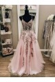 A-Line Long Pink Prom Dresses Formal Evening Gowns with Lace Appliques 901011