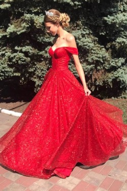 Long Red Sparkle Tulle Prom Dresses Formal Evening Gowns 901015