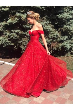 Long Red Sparkle Tulle Prom Dresses Formal Evening Gowns 901015
