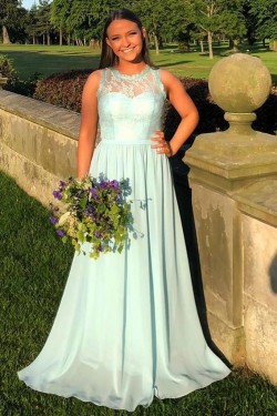 Long Blue Chiffon and Lace Prom Dresses Formal Evening Gowns 901016