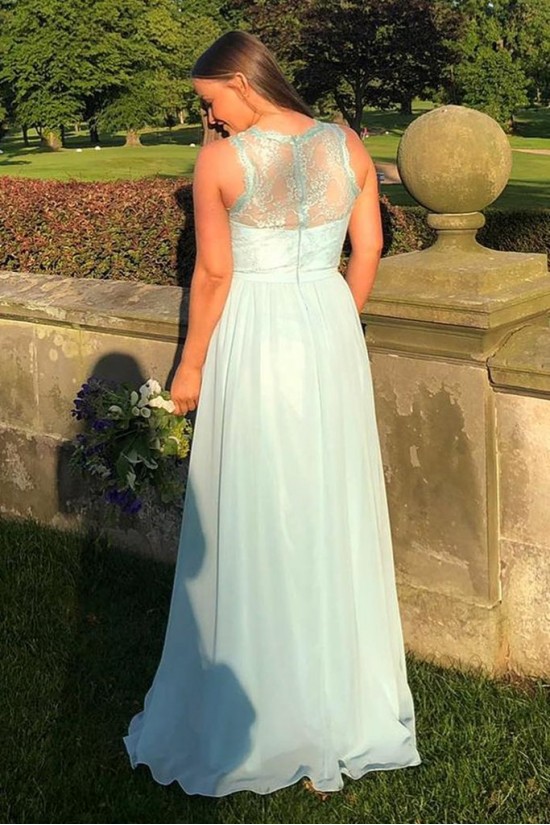 Long Blue Chiffon and Lace Prom Dresses Formal Evening Gowns 901016