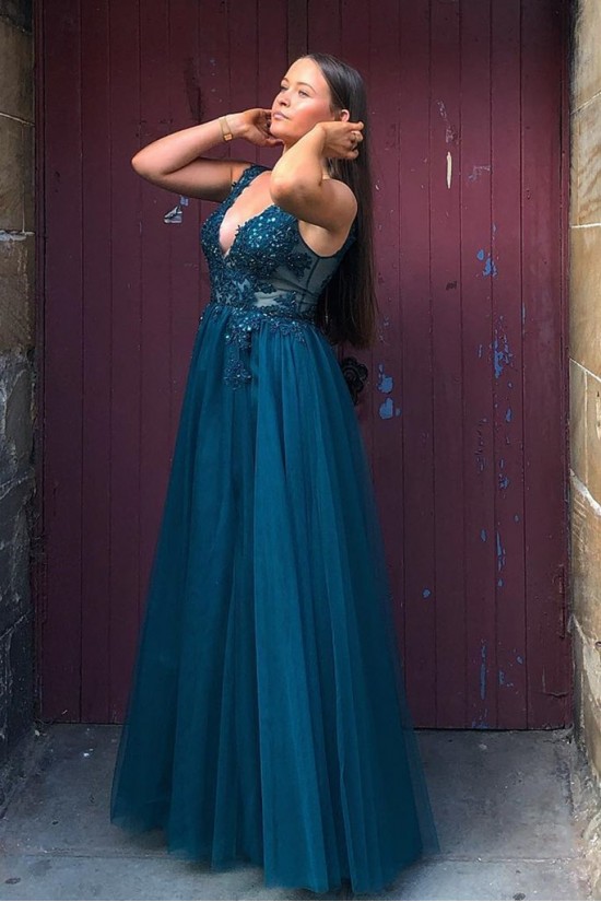 Long Navy Blue V Neck Lace and Tulle Prom Dresses Formal Evening Gowns with Beads 901017 Long Navy Blue V Neck Lace and Tulle Prom Dresses Formal Evening Gowns with Beads 901017