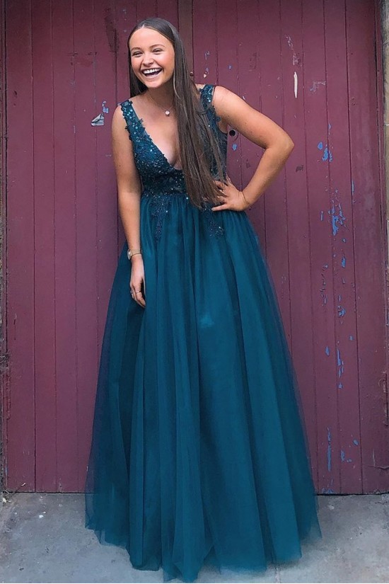 Long Navy Blue V Neck Lace and Tulle Prom Dresses Formal Evening Gowns with Beads 901017 Long Navy Blue V Neck Lace and Tulle Prom Dresses Formal Evening Gowns with Beads 901017