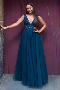 Long Navy Blue V Neck Lace and Tulle Prom Dresses Formal Evening Gowns with Beads 901017