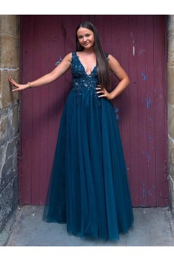 Long Navy Blue V Neck Lace and Tulle Prom Dresses Formal Evening Gowns with Beads 901017