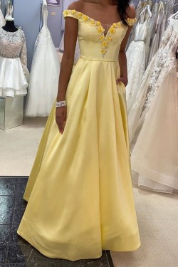 A-Line Long Yellow Satin Prom Dresses Formal Evening Gowns with Pockets 901019