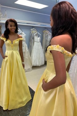 A-Line Long Yellow Satin Prom Dresses Formal Evening Gowns with Pockets 901019